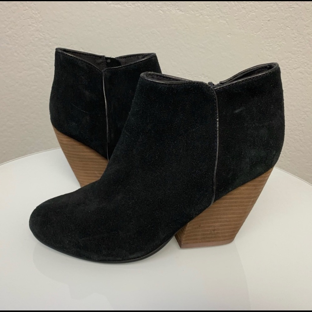 Ecote black suede booties wooden stack heel